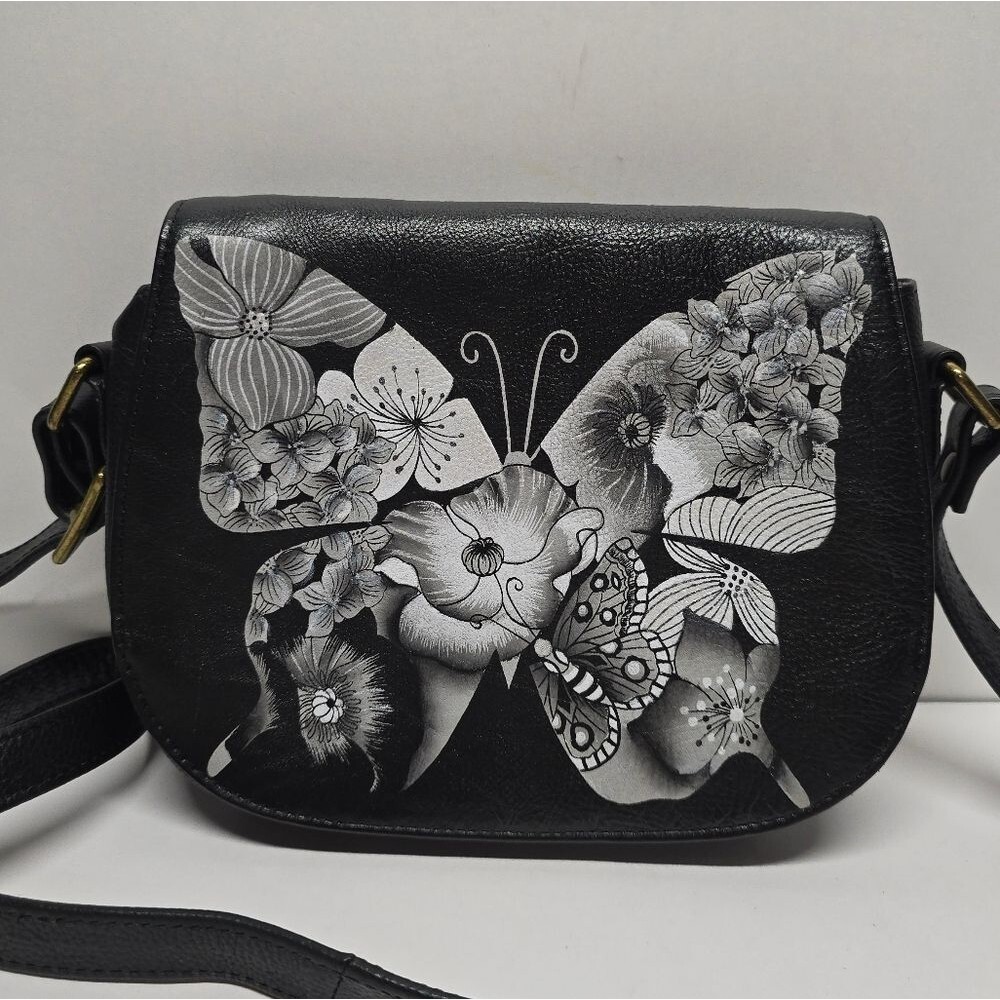 Anna By Anuschka Butterfly Hand Painted Black Leather Saddle Flap Crossbody Bag